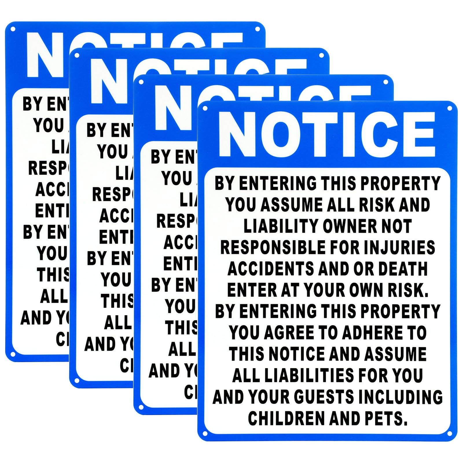 4 letreros de aluminio con texto en inglés "Not Responsible for Accidents or Injuries", con texto en inglés "Enter at your own risk", 22,8 x 30,5 cm, aviso al ingresar esta propiedad para