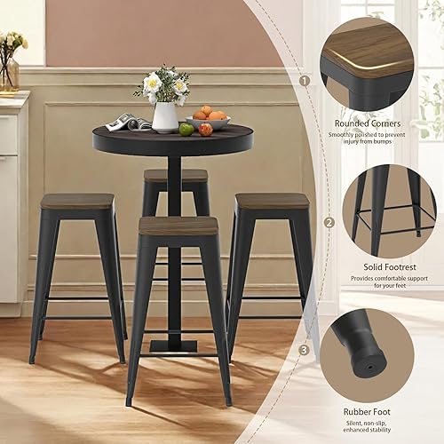 Miniatura 3 de Juego de 4 taburetes de bar sin respaldo de 24 pulgadas, taburetes de bar de metal para interiores con asiento de madera, taburetes de bar