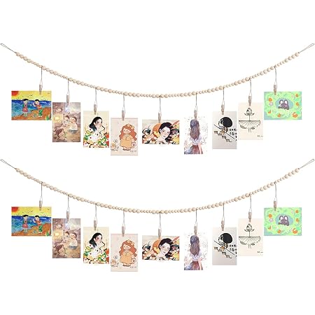 YUXUBOO Boho Photo Display Garland – 2 Pack Wooden Bead & Jute Rope Hangers With Clips