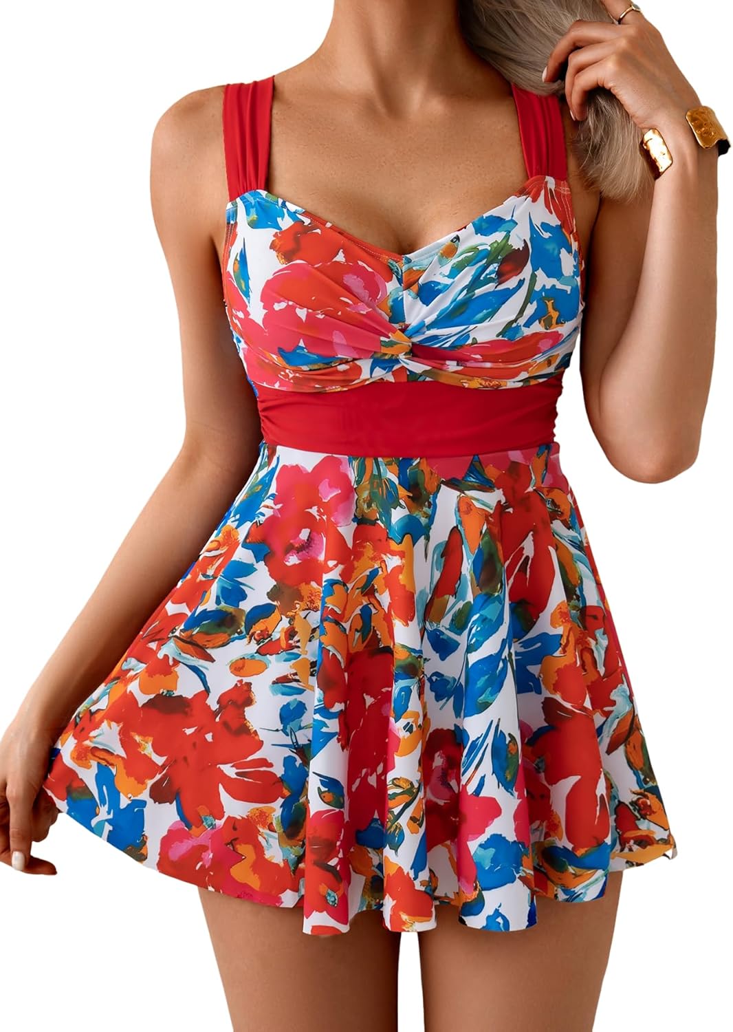 B2prity Women's One Piece Swimdress Swimsuit Tummy Control Swim Dress Slimming Modest Bathing Suit Color Block Swimwear