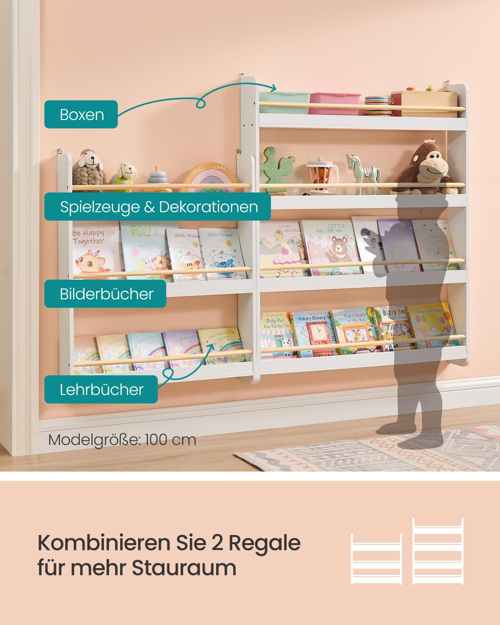 SONGMICS Bücherregal Kinder, 4 Ebenen, Spielzeugregal, Wandregal, weiß-naturfarben GKR014W01