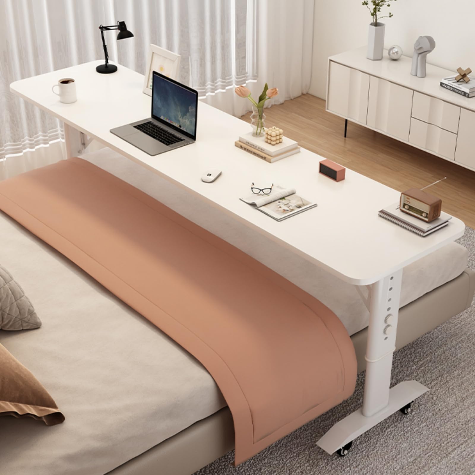 SXZenSpace Mobile Adjustable Height Solid Wood Overbed Table with Wheels for Bed Desk Computer Workstation