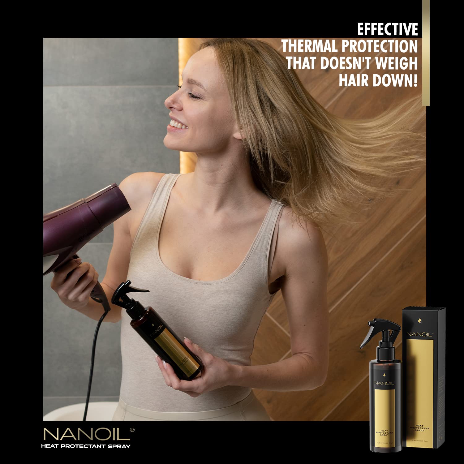 Nanoil Hair Styling Spray - spray do układania włosów 200 ml, łatwa stylizacja, modelowanie włosów, utrwalenie fryzury, pielęgnacja, ochrona i blask