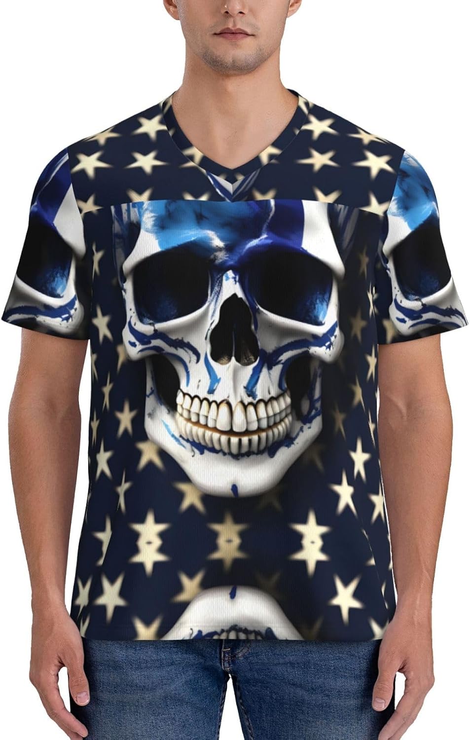 Blue Stripe Stars Skull Rugby Football Jersey for Men, Comfortable V-Neck Loose Fit Top for Team Sports Athletics