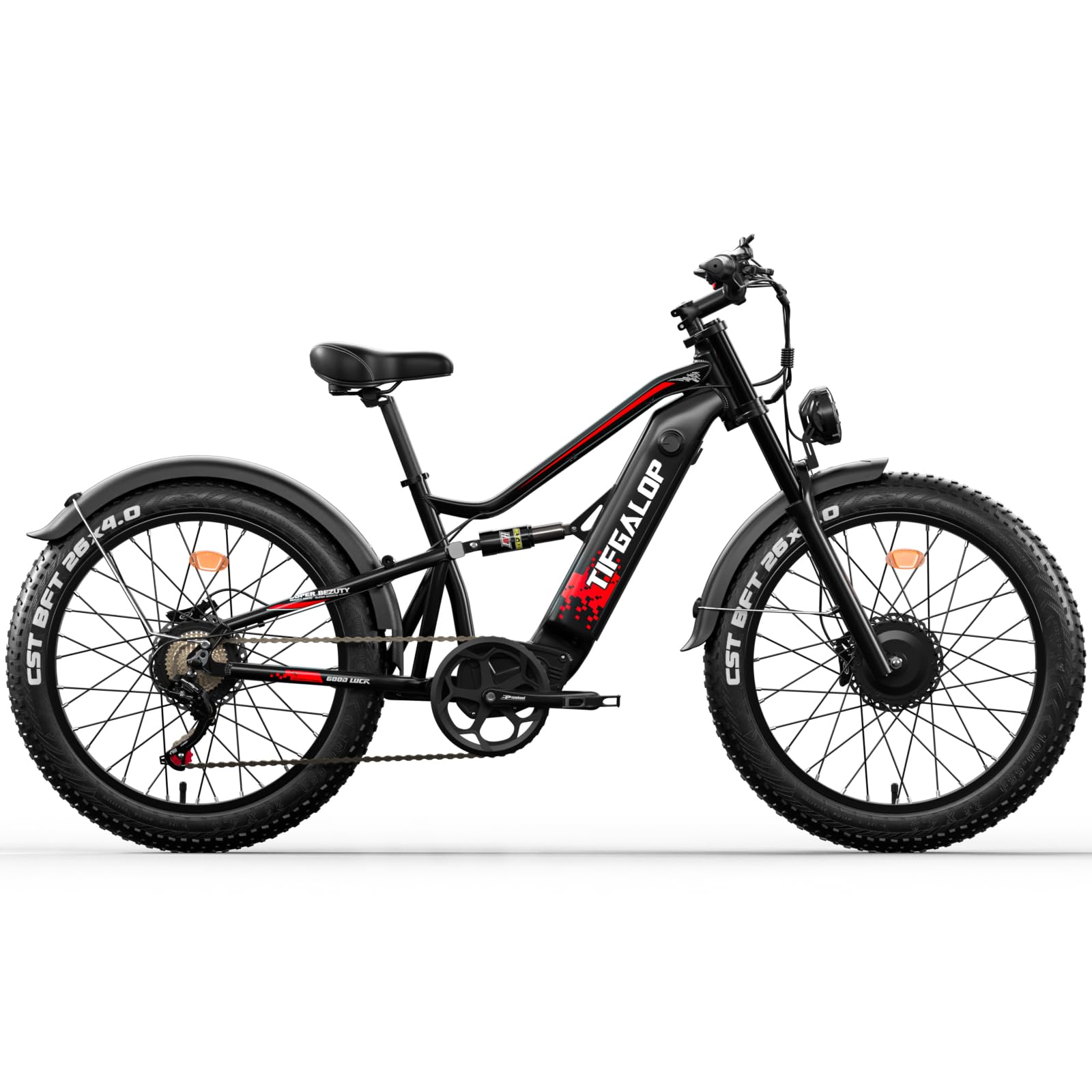 Lohang Elektrofahrrad für Erwachsene, 26-Zoll-Mountainbike, 52 V 19 Ah/21 Ah Akku, Reichweite bis zu 40/80/90 km, Doppelstoßdämpfer, 7 Gänge, Strand- und Schnee-Elektrofahrrad