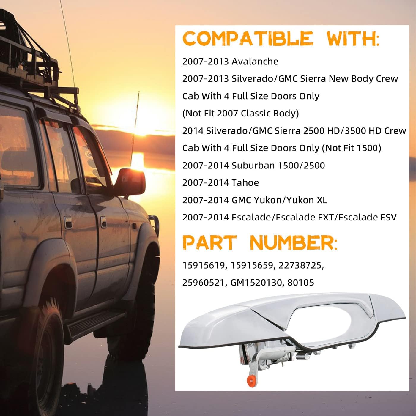 New 1pc Rear Driver Left Side Chrome Exterior Door Handle Compatible with 07-13 Avalanche/Silverado/Sierra New Body Crew Cab 07-14 Suburban/Tahoe/Yukon/XL/Escalade/ESV/EXT