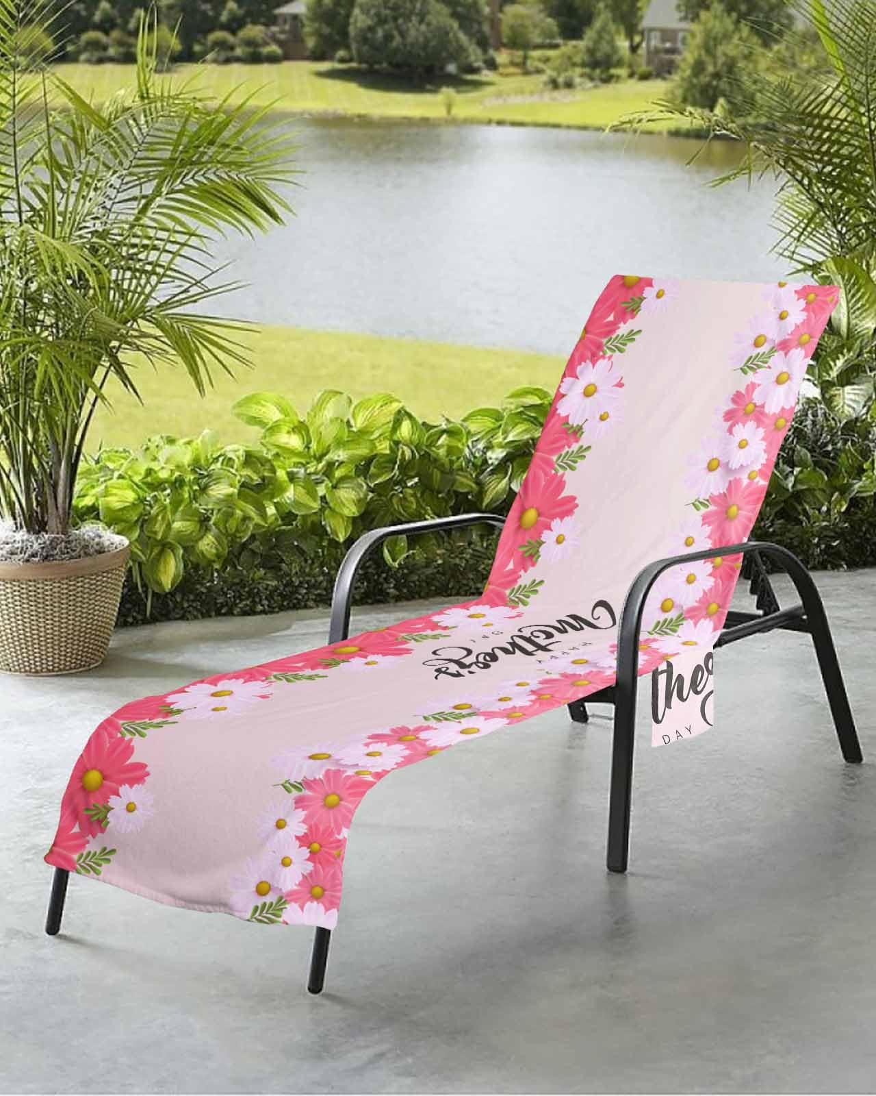 Happy Mother's Day Beach Chair Towel Covers for Chaise Lounge with Side Pocket, Soft Plush Pool Towels Cover for Patio Sunbathing Outdoor 29''x85'' Best Mom Mother Beautiful Flowers