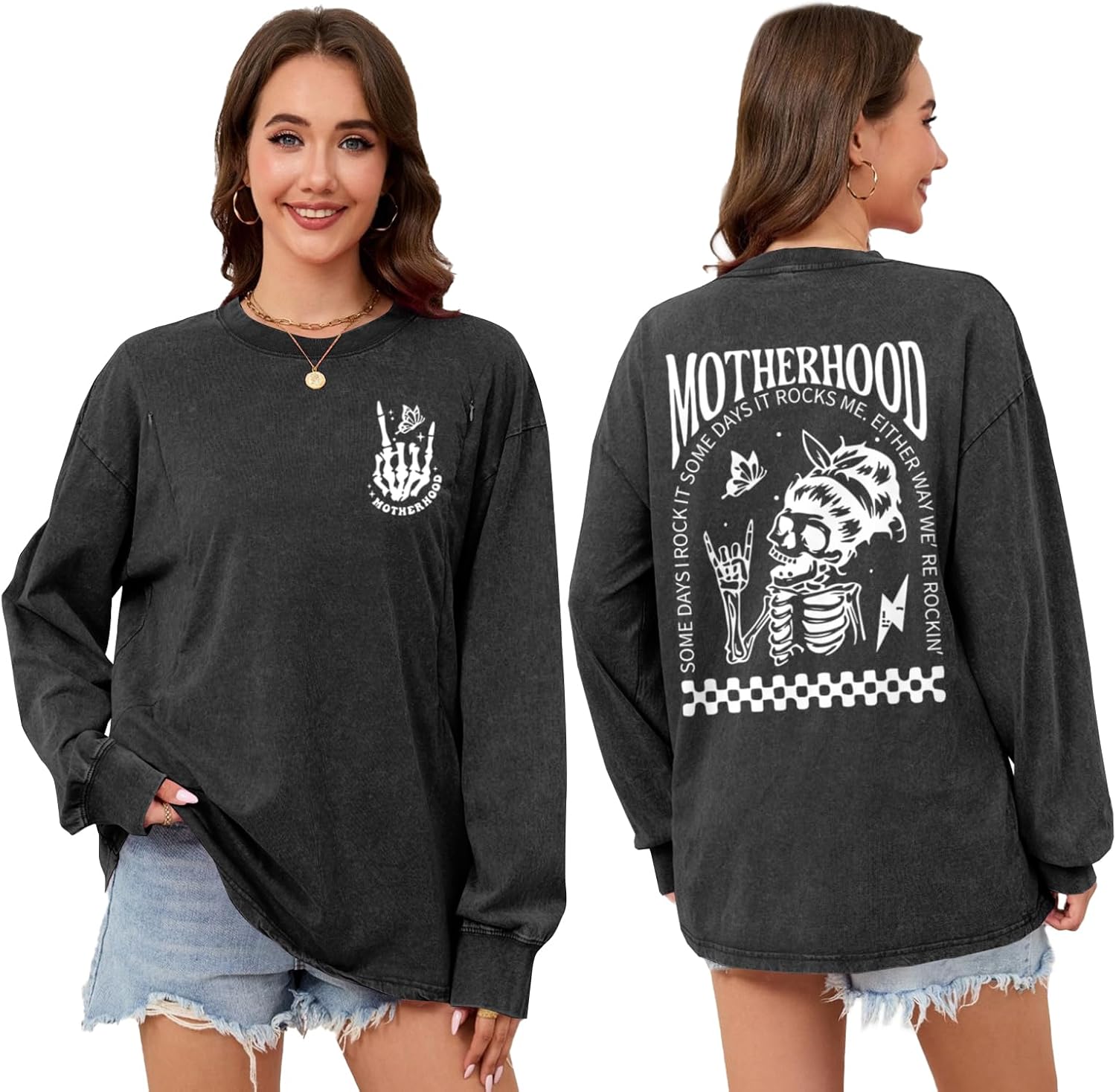 Nursing Long Sleeve Shirts for Breastfeeding Maternity Zipper Friendly Shirt for Women Acid Wash Motherhood Tops