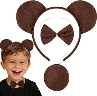 Kirei Sui Funny Bear Costume Set with Ears Headband Bow Tie Tail Halloween Dress Up for Kids & Adults