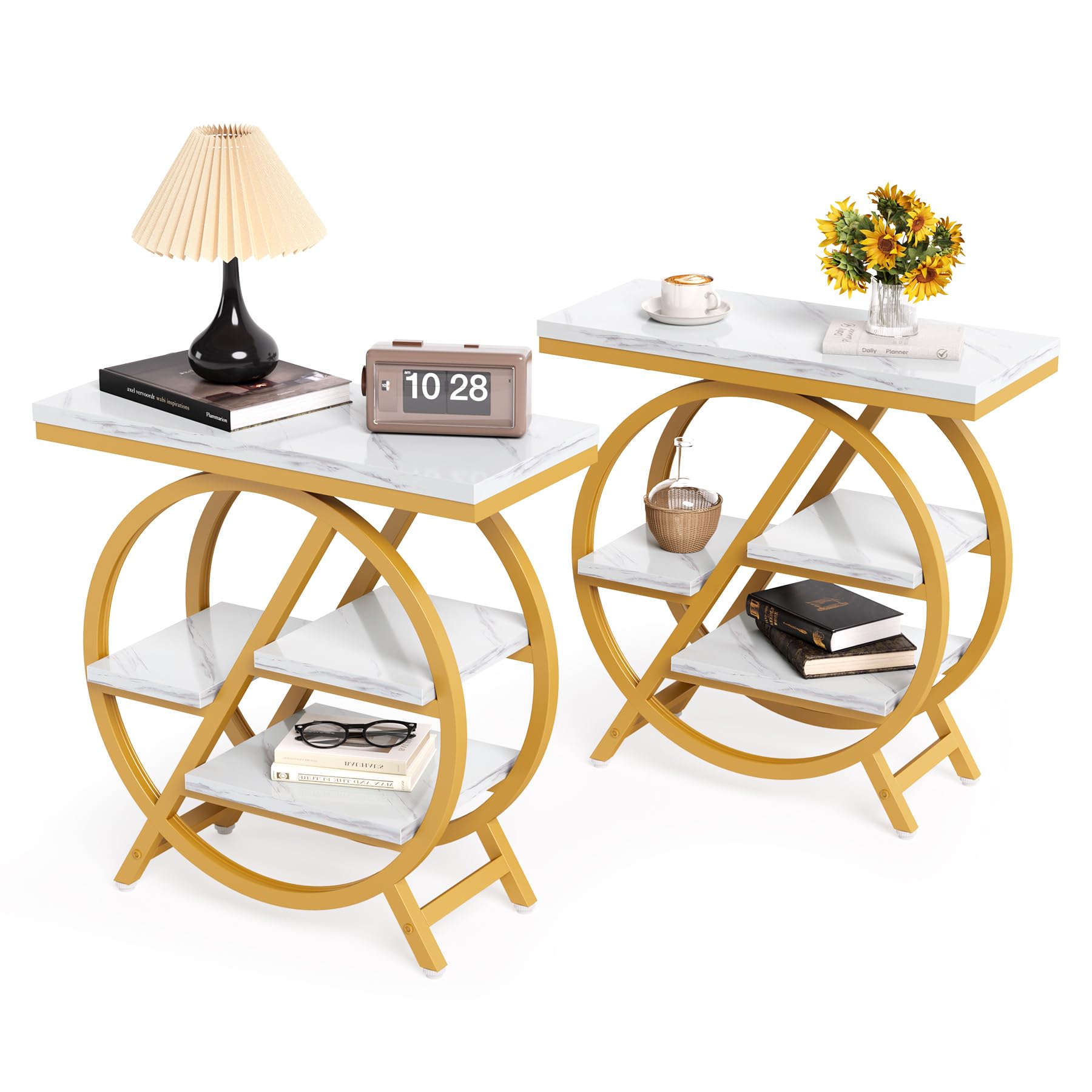 Photo 1 of ***ONLY 1 TABLE / MISSING ASSEMBLY HARDWARE*** LITTLE TREE End Table Set of 2, 4-Tier Narrow Faux Marble Side Table with Large Storage Space, Modern Nightatsnd and Bedside Table for Living Room, Home Office, Bedroom, White and Gold