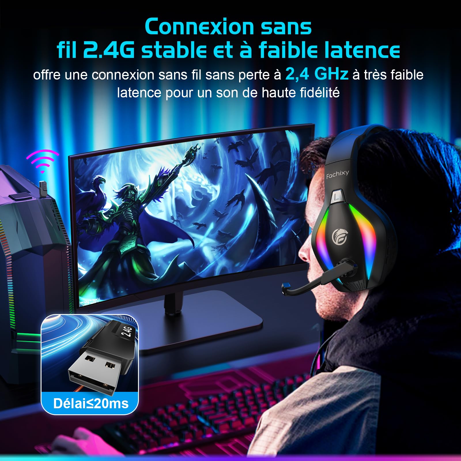 Fachixy FC100「2025 Nouvelle」Casque de Jeu sans Fil pour PS4, PS5, PC - 2,4 GHz et Casque Bluetooth avec Microphone - Son stéréo 3D et autonomie de 50 Heures - pour Switch, Smartphones, Noir