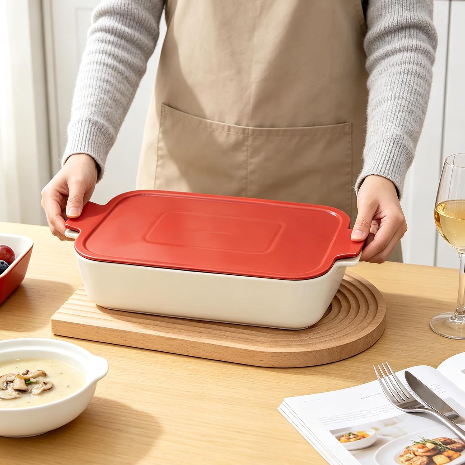Ceramic Baking Dish with Lid, 9x13 Red Casserole Dish with Lid