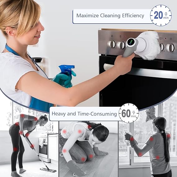 Electric Spin Scrubber Cordless Electric Cleaning Brush with LED Display, Shower Cleaning Brush with Replaceable Brush Head, Power Scrubber for Bathroom Kitchen Tile Tub Floor Cleaning