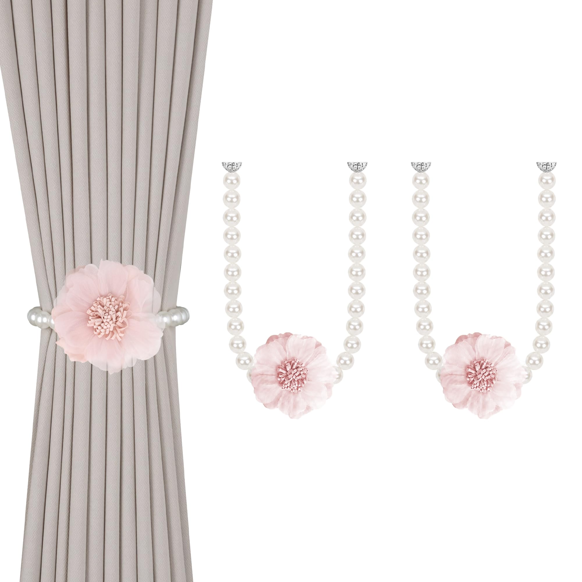OCIOLI 2 Pack of Pearl Magnetic Curtain Tieback with Handmade Flower Decorative Curtain Holdbacks Curtain Ties Magnetic Tie Backs for Curtains (2, Pink)