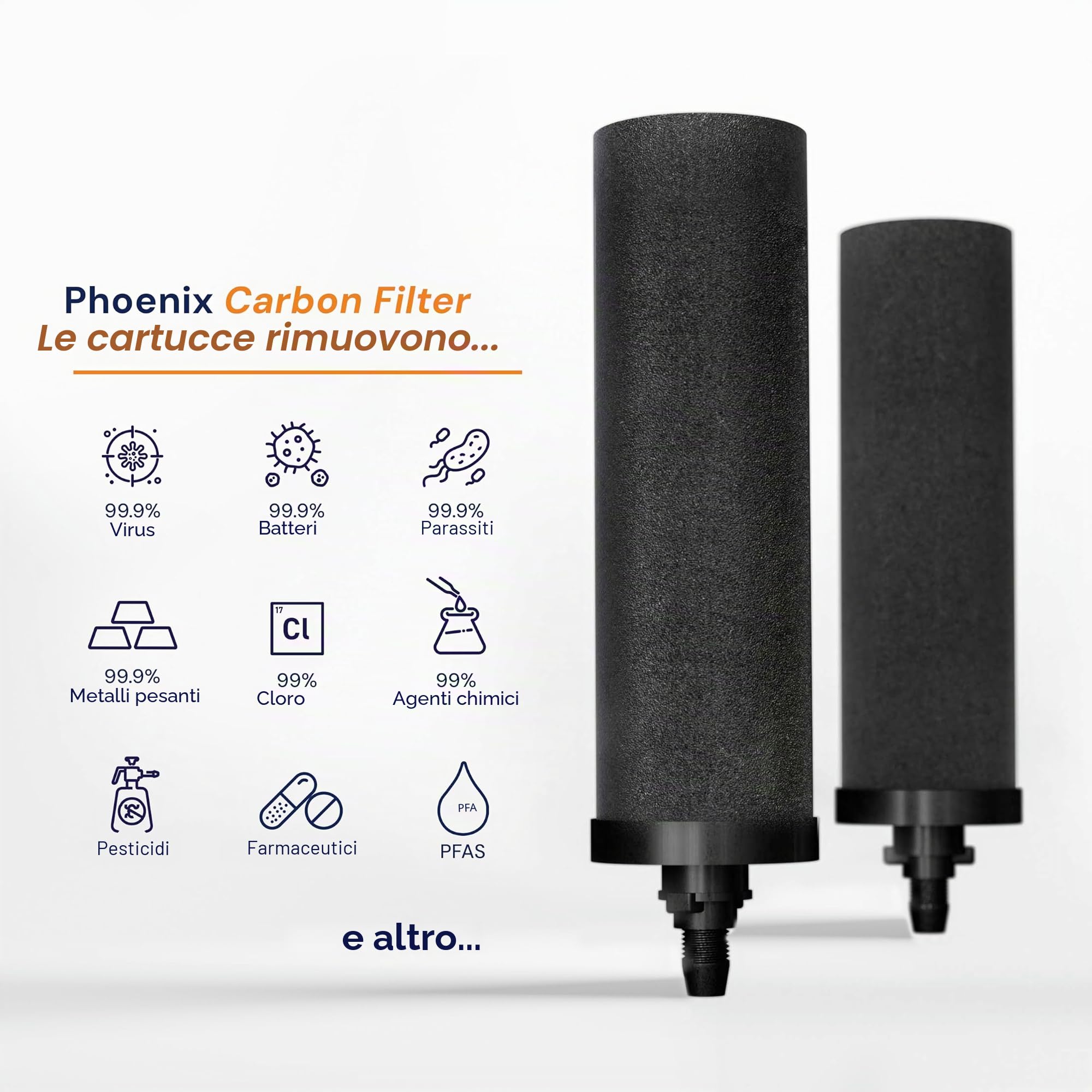 PHOENIX GRAVITY Sistema di filtraggio dell'acqua a gravità da 1 litro in acciaio inox certificato NSF AISI 304 con 1 cartuccia filtro a carbone intelligente (nero) e bottiglia d'acqua, ideale per