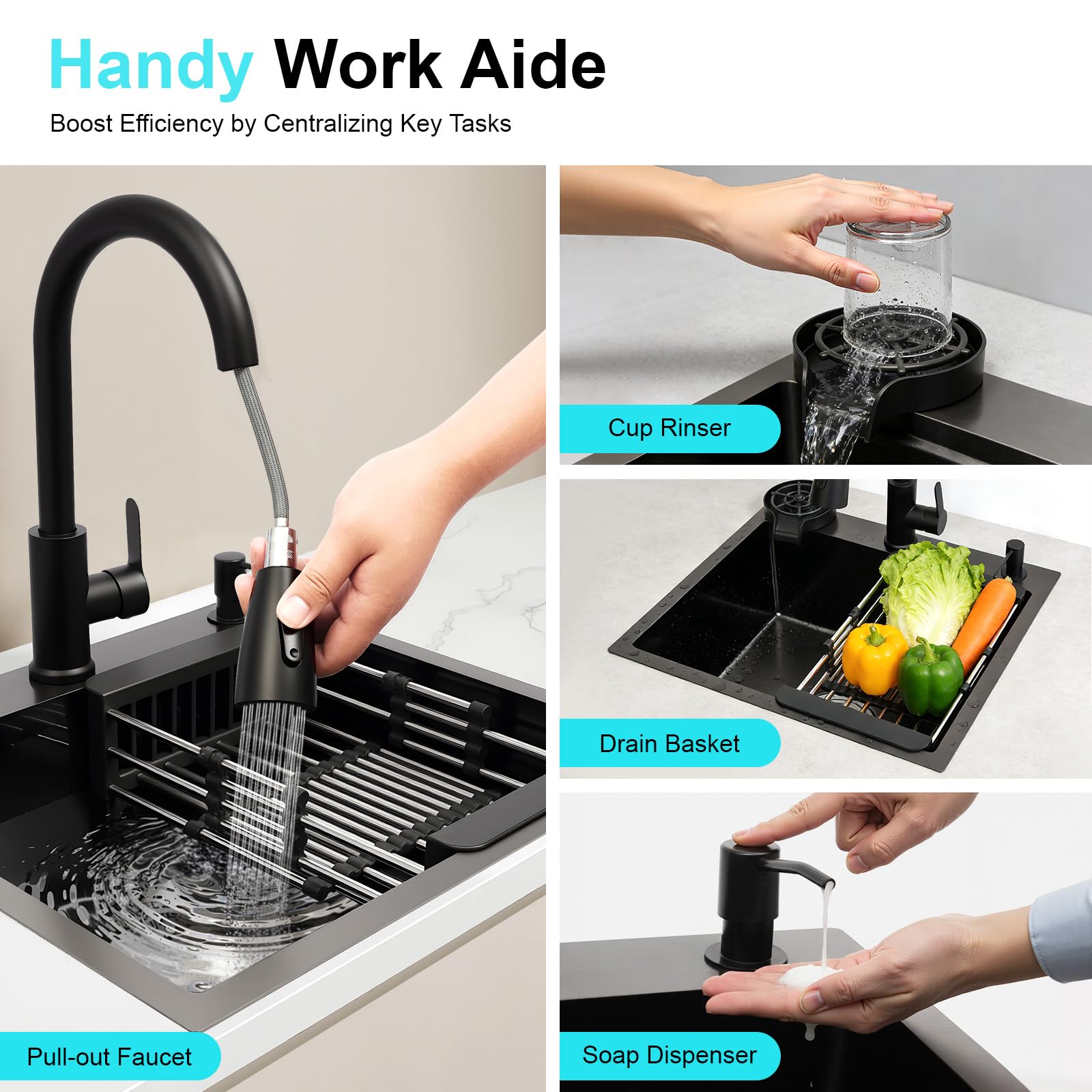 Fregadero empotrable acero inoxidable 50x45 cm negro con grifo dispensador jabón escurridor
