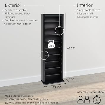 Prepac Narrow Cabinet Media Storage, Slim Barrister Tower, Black