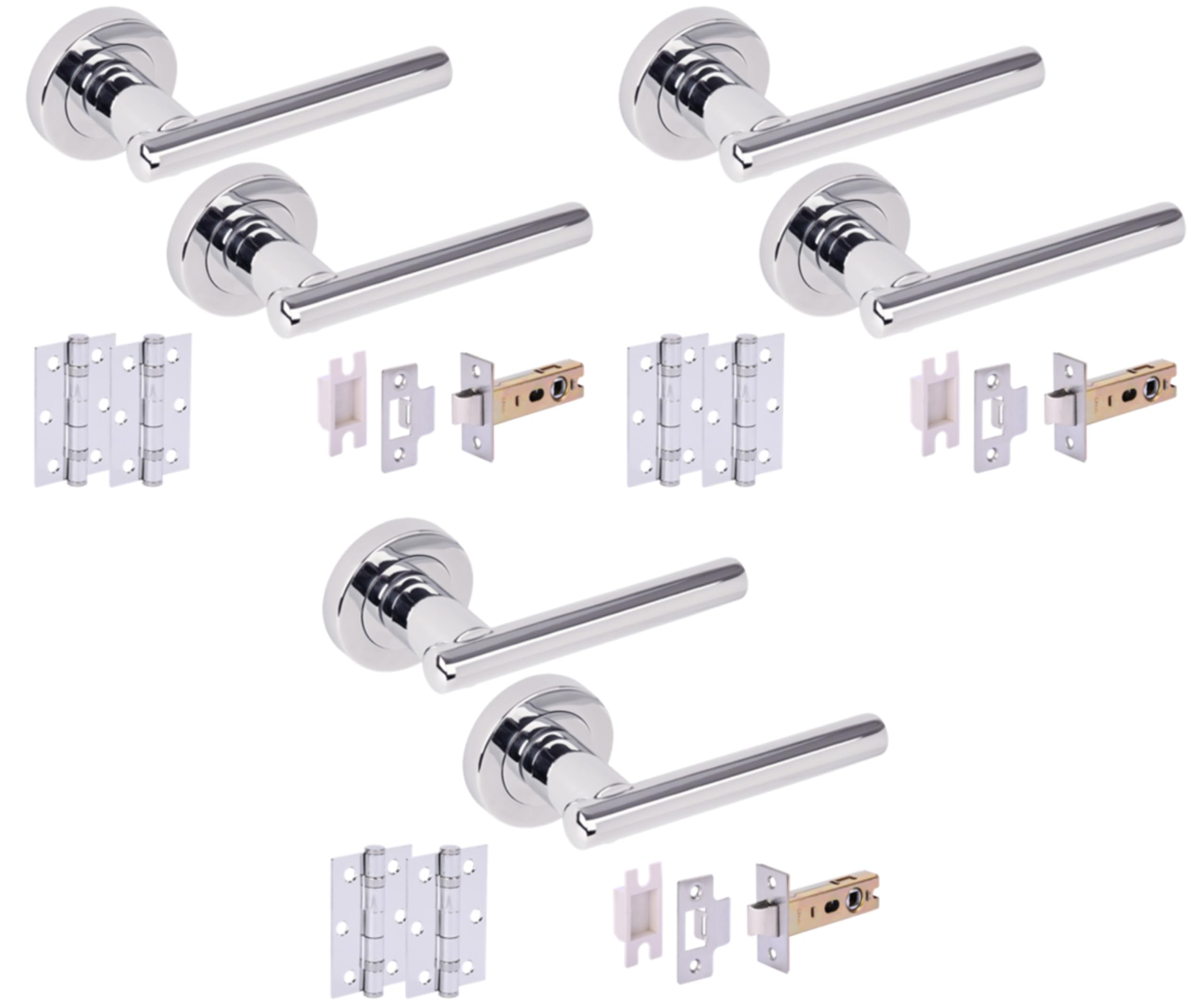 Hunta HANDLEZONE® 3 Sets Solus Internal Door Handles on Rose Lever Latch Packs, 76mm Latch, 75mm Ball Bearing Hinges - Polished Chrome