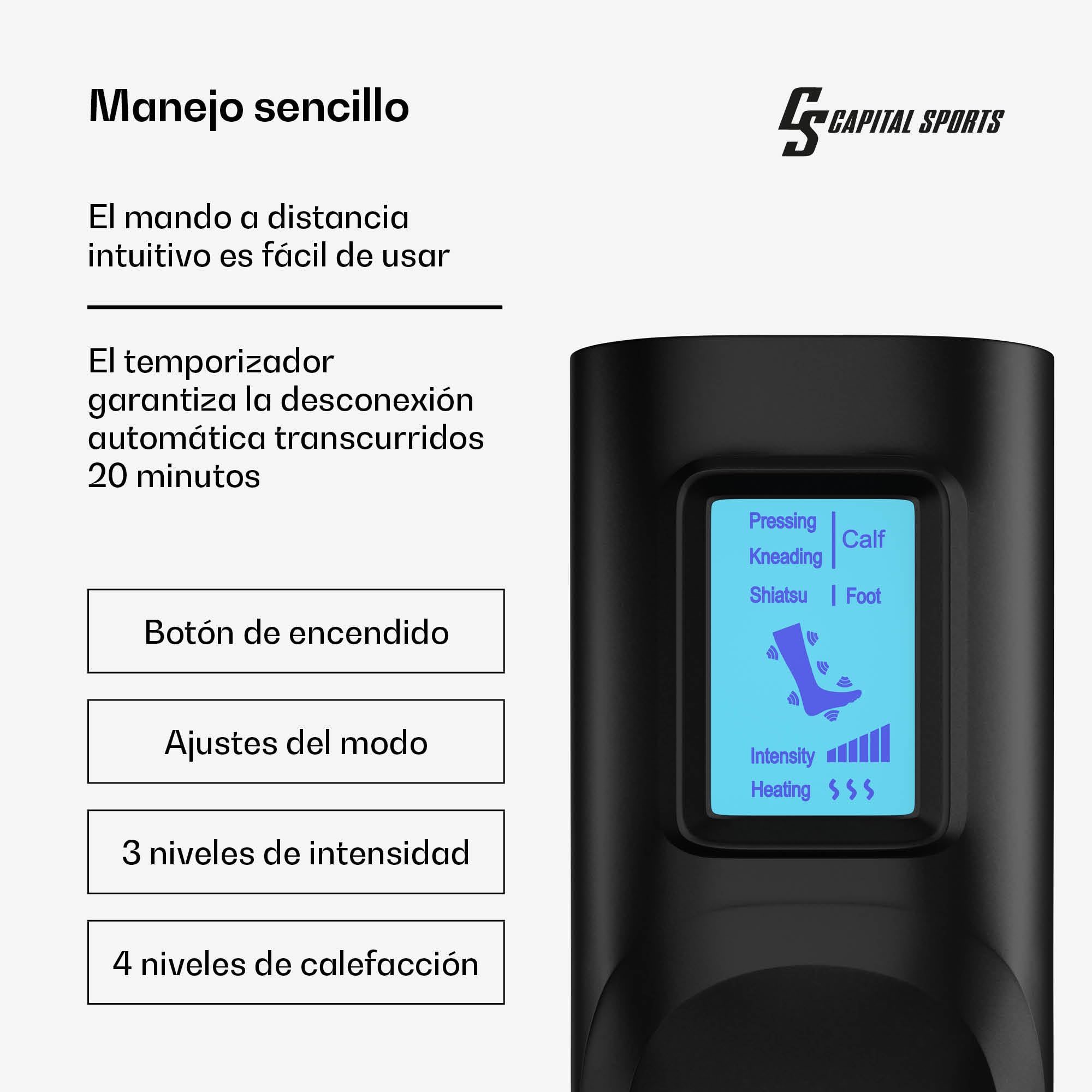 Capital Sports ReCrest Masajeador de Piernas – Masaje Completo de Piernas y Pies con Calor, 6 Modos, 3 Intensidades, 4 Cámaras de Presión para Alivio Muscular, Control Remoto y Temporizador Automático