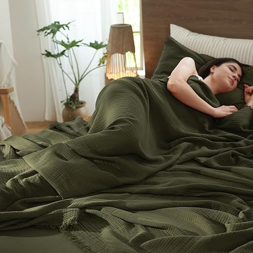 Miniatura 5 de MooMee - Manta de muselina 100% algodón, de 4 capas de gasa, con borde de flecos por todos lados, ultrasuave, transpirable, ligera, refrescante,