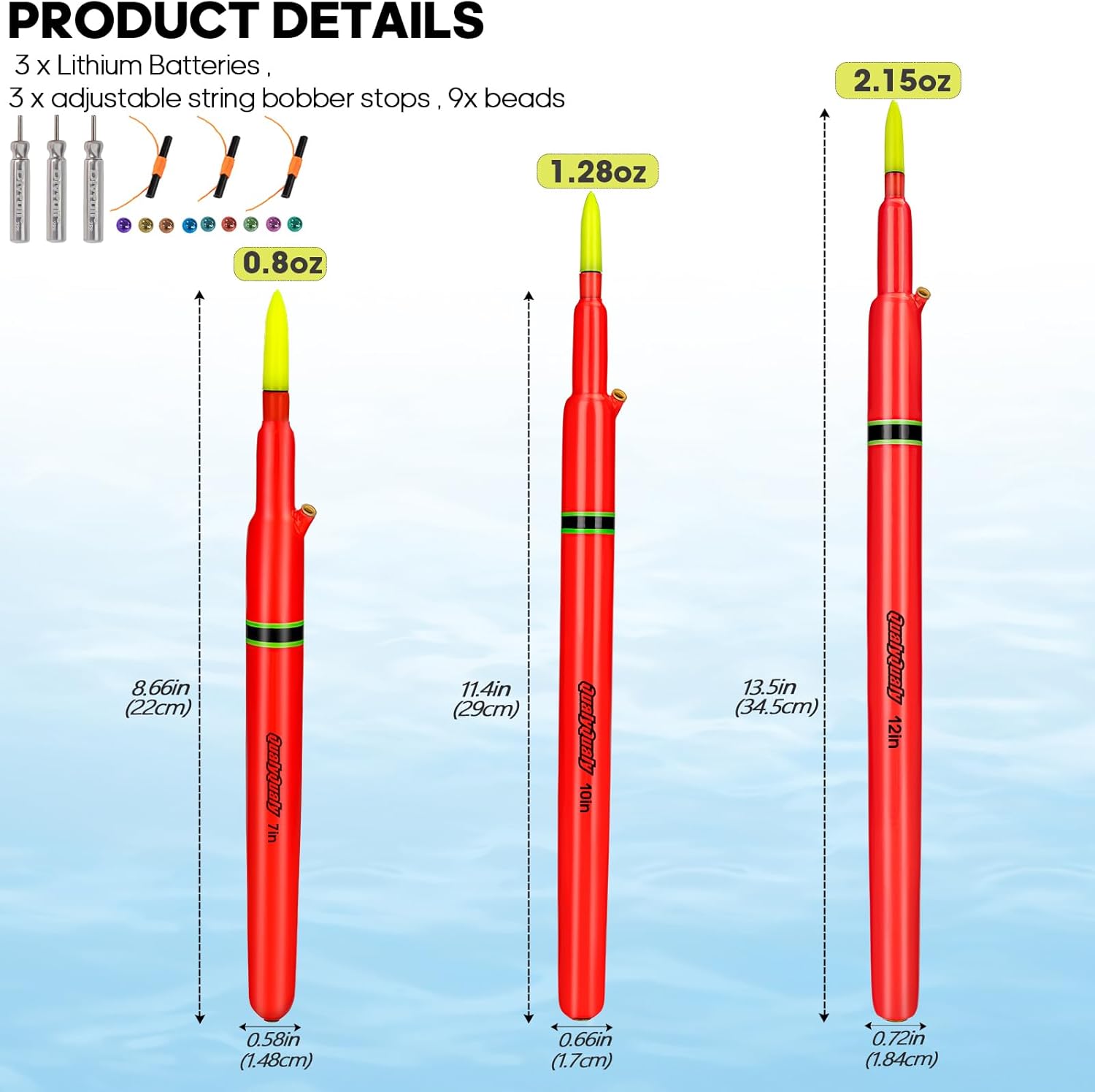 QualyQualy Catfish Fishing Bobbers, Weighted Catfish Pole Floats/LED Fsihing Bobber, 3PCS High Visibility Wood Pole Fishing Float