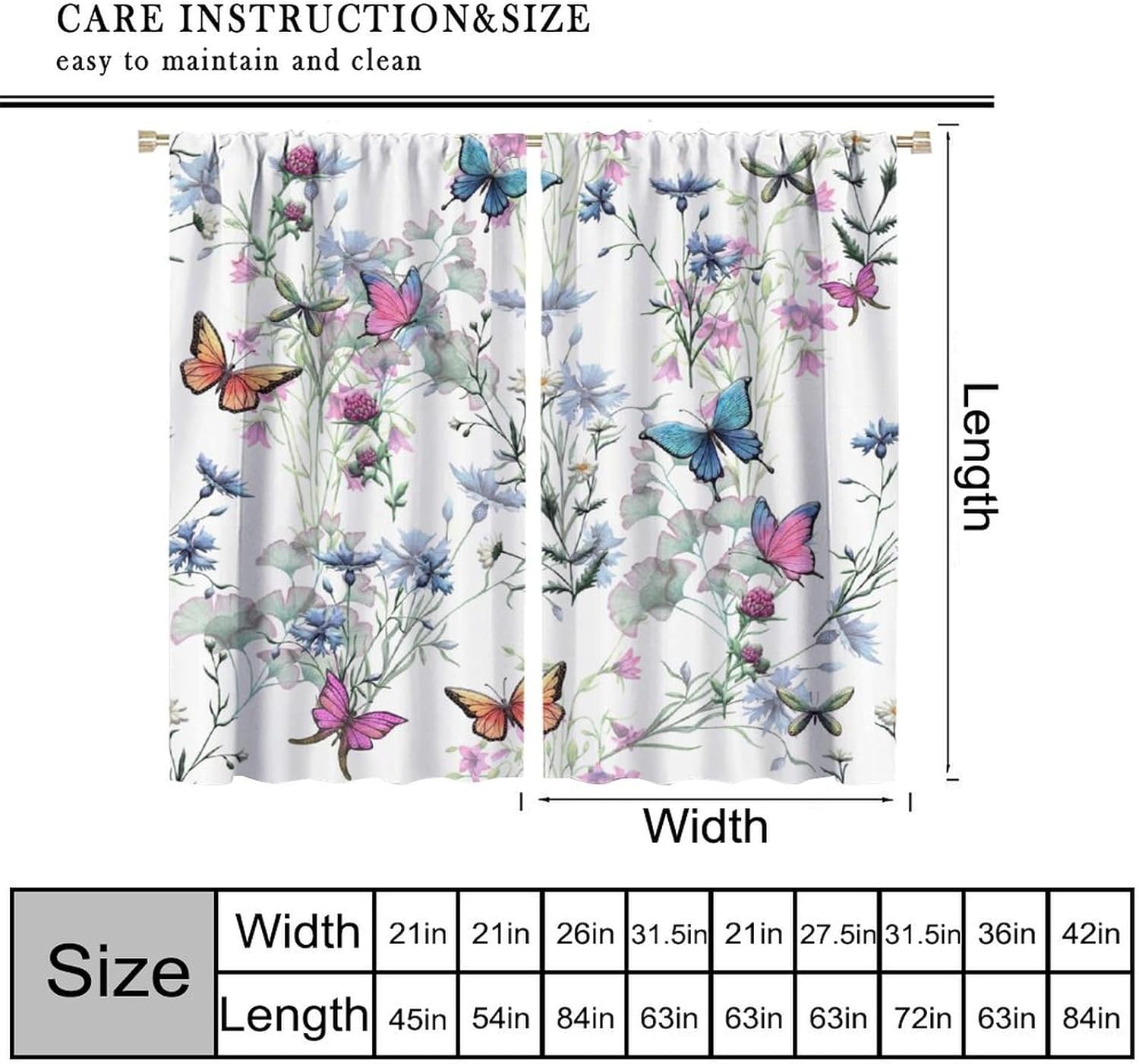 Flower Butterfly Curtain Purple Floral Watercolor Butterflies Fantasy Lilac Spring Nature Garden Plant Window Treatments for Girls Bedroom Living Room Decor Style-5 42" W X 54" L