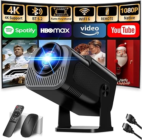 [Projector 2026 Upgraded] Mini Projector Support 4K 1080P Auto Keystone 270°Rotatable with WiFi 6 and Bluetooth 5.2 Projector Portable Compatibile with HDMI/TV Stick/Memory Stick/Laptop,Black