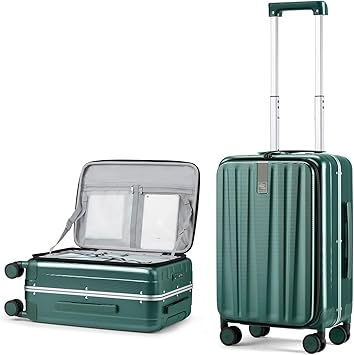 Hanke 20 Inch Carry On Luggage Aluminum Frame Front Opening Rolling Suitcase PC Hard Sided Luggage with Spinner Wheels Travel Luggage for Woman Men Gifts.Dark Green