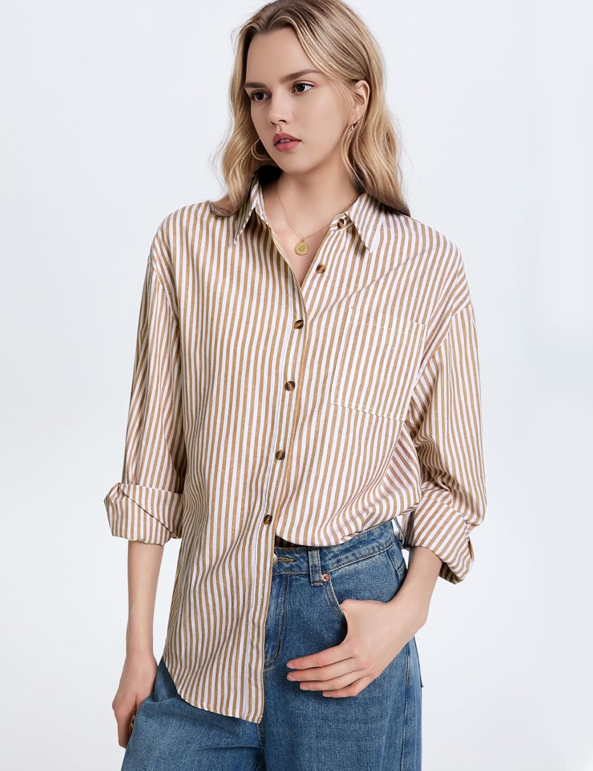 Flygo Womens Button Down Striped Shirt Casual Collared Cotton Oversized Long Sleeve Work Blouse Tops - Image 3