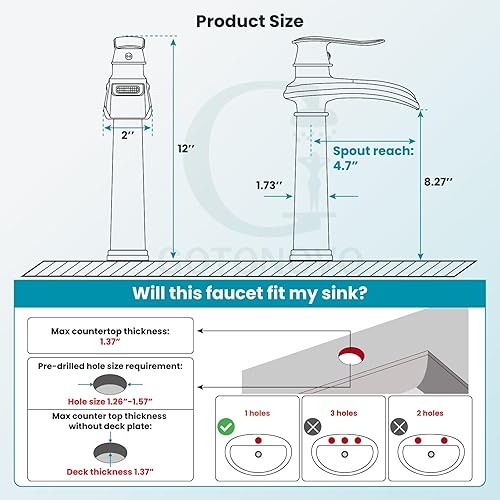 Miniatura 2 de gotonovo Grifo de fregadero de cascada para fregadero de 1 agujero, grifo alto de lavabo de baño de una sola manija, grifo de baño de cascada de