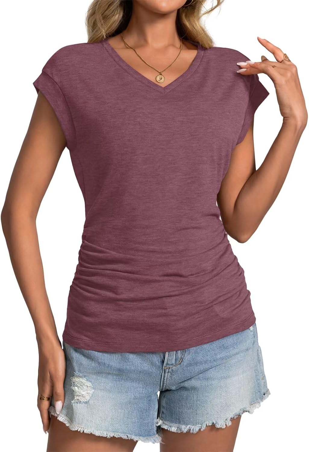 Womens Summer Cap Sleeve Ruched Tops V Neck T Shirts Casual Short Sleeve Shirts Loose Fit Spring Outfit 2025 - Image 2