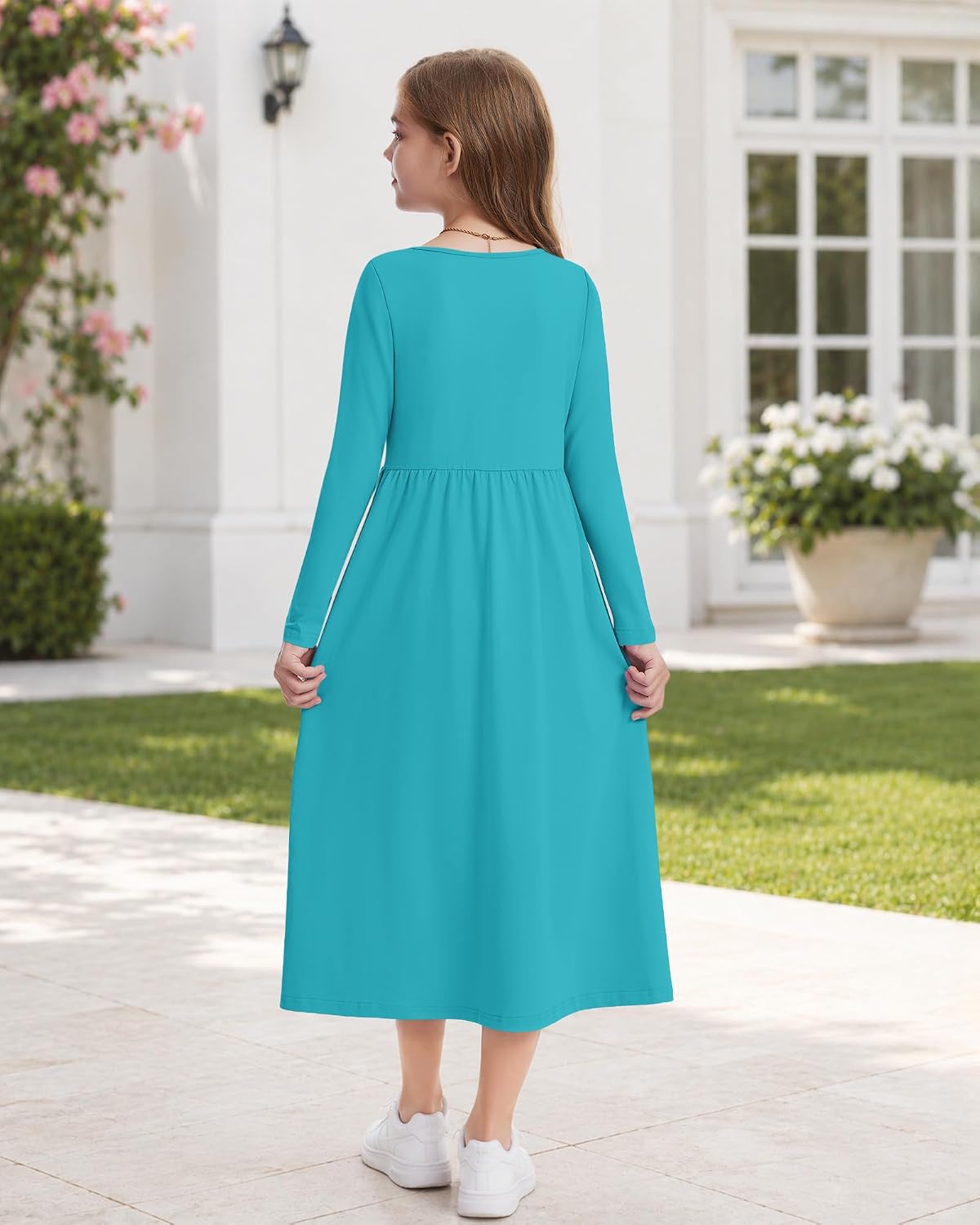 Girls Long Sleeve Crewneck Fall Empire Waist Dress with Pockets 2026 image 5