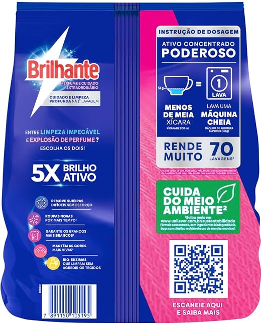 Verso da embalagem do sabão em pó Brilhante com instruções de dosagem, informações sobre sustentabilidade e QR code para mais informações.