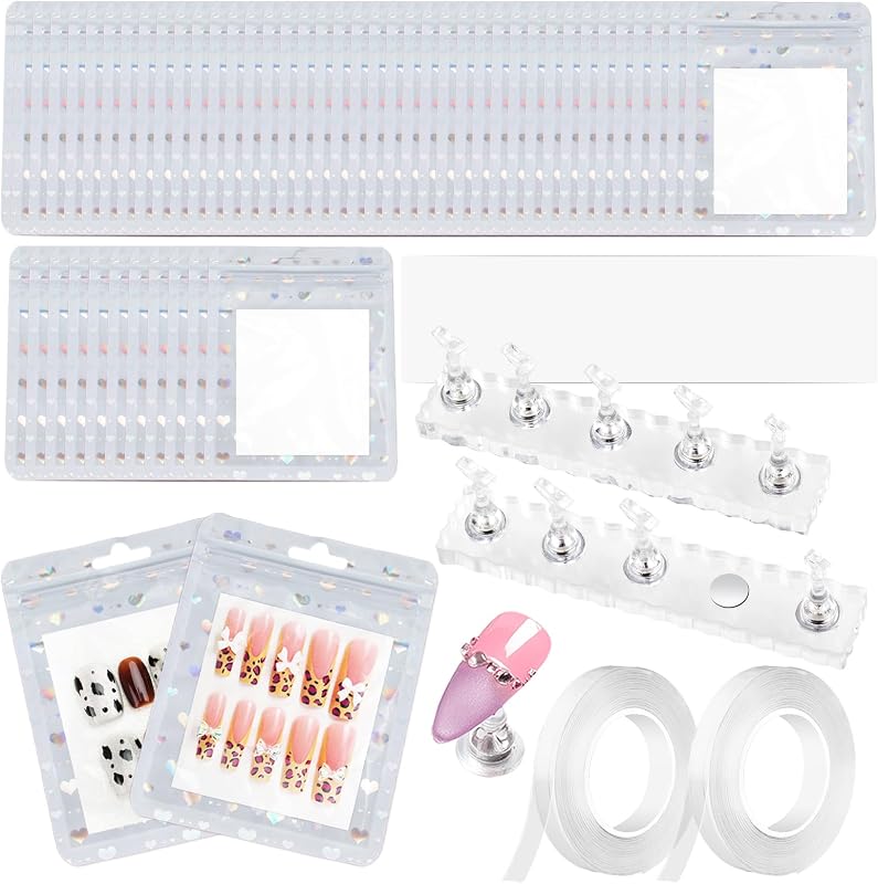 ESUOHYM Kit com Suportes para Unhas e Sacos de Embalagem Holográficos, 114 Peças