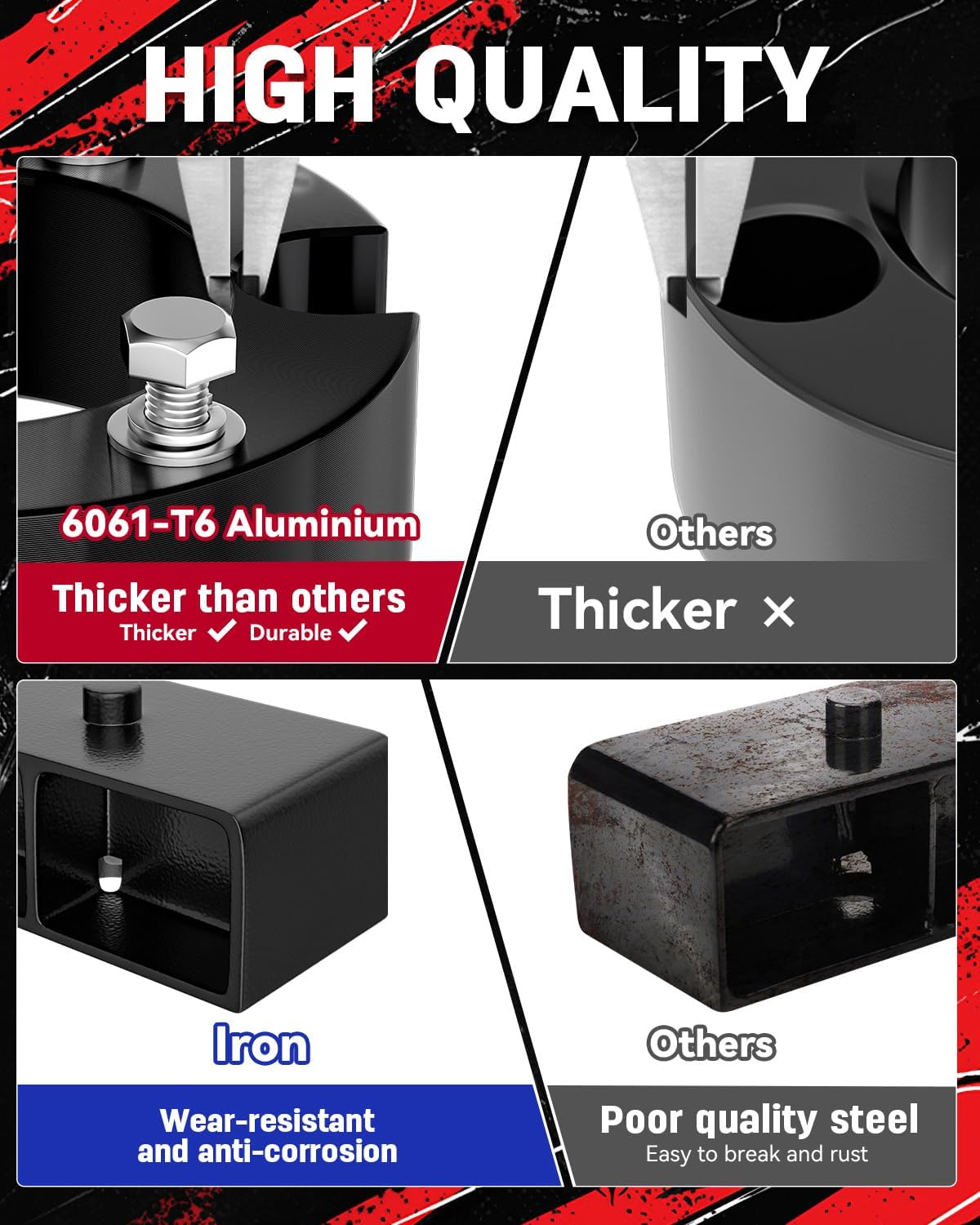 Richeer 3" Front and 2" Rear Leveling Lift Kit for 1999-2006 Tundra, 3" Front Strut Spacers and 2" Rear Black Leveling Lift Block Kit Extended Square U-Bolts, 3"+2" Height for 1999-2006 Tundra
