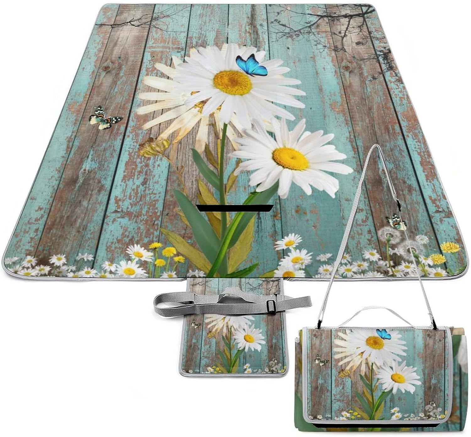 Butterfly Daisy Adults Lightweight Waterproof Picnic Blanket Rustic Daisy White Floral Farmhouse Retro Cyan Wooden Board for Outdoor Beach Hiking Camping on Grass Waterproof Sandproof 58.3x58.3 Inch