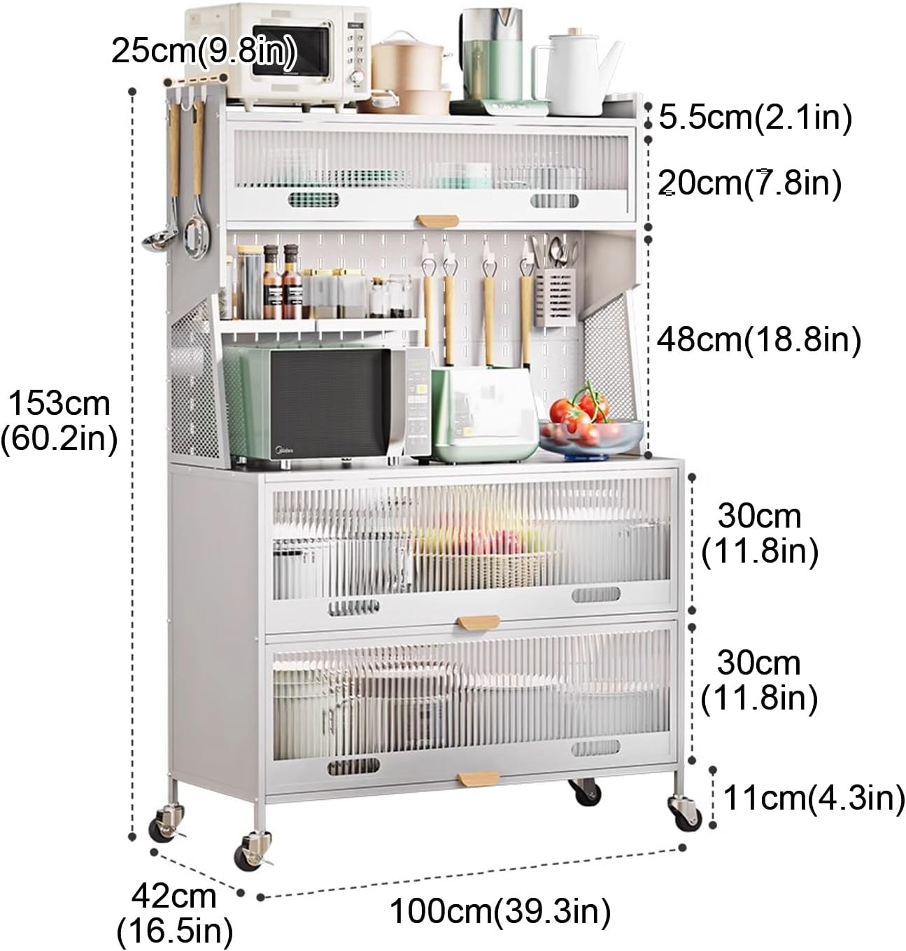 Freestanding Multi-Layer Kitchen Floor Cupboard，Microwave Storage Stand,5-Tier Standing Kitchen Baker‘s Rack, 5 Tiers Storage Cabinet for Kitchen, with Drawers, for Kitchen Hutch, Home, Offi