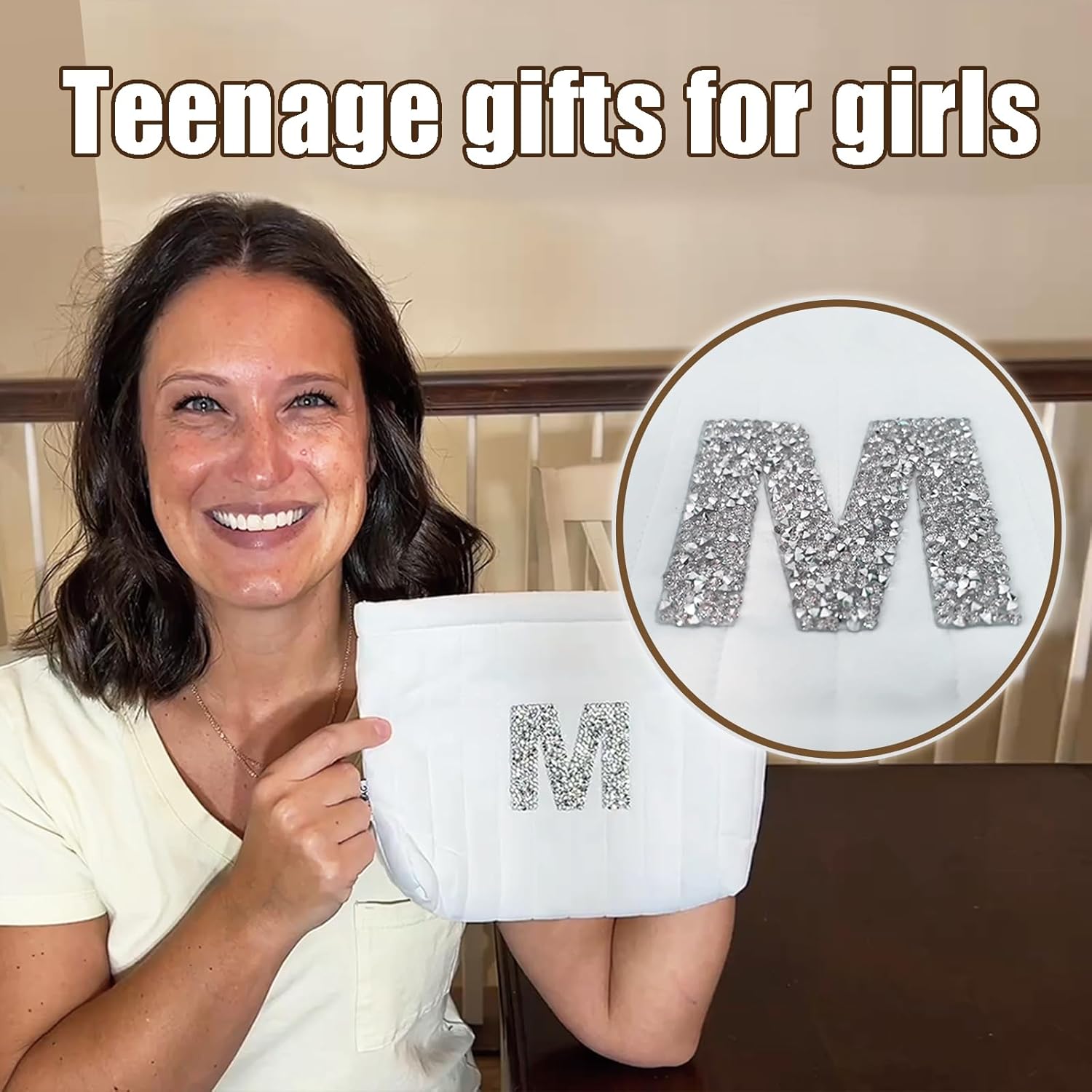 A-Z BAG Personalised Makeup Bag, Quilted Cosmetic Bag with Rhinestones Letter, Gifts for Women, Mum, Friend, Sister, Teenage Girls, Bridesmaid Gift (S, White) - Image 6