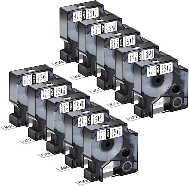 Nineleaf 10 Pack Compatible for DYMO 18051 Rhino Heat Shrink Tube Industry Label Tape 6mm 1/4" x 5ft Black on White Wire Tapes for Industrial Rhino Pro 3000 4200 5000 5200 6000 3M Label Maker
