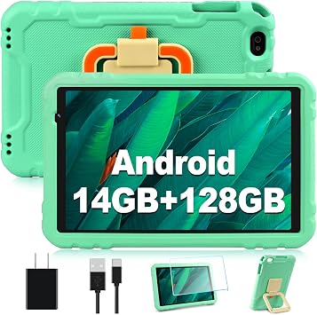 Tablet with 14GB RAM 128GB ROM, 10 inch Octa-Core Android Tablets with 8000mAh Battery, Drop-Proof Case, HD IPS Display, 5G WiFi, Bluetooth 5.0, GPS, TF 1TB, Split Screen Support, Metal Body -Green