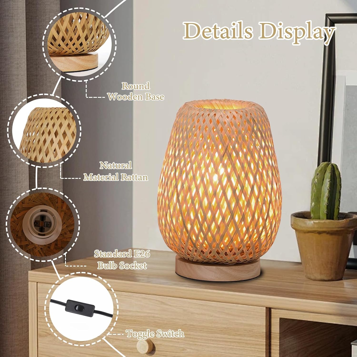 Rattan Table Lamp, Boho Bamboo Woven Small Beside Lamp, Vintage Wicker Wooden Nightstand Lights, End Table Lamp for Living Room Bedroom Desk, Kids Room