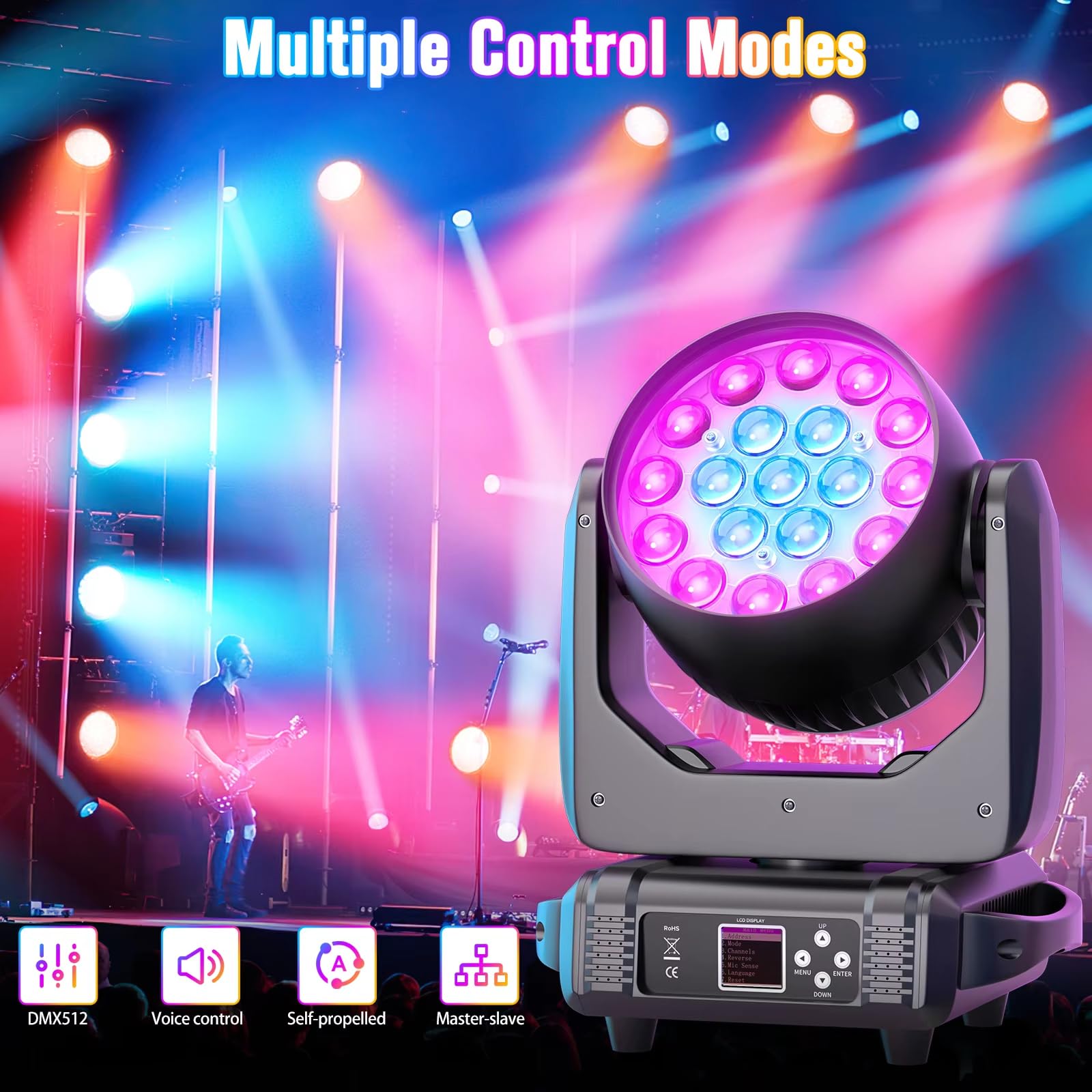 Ruchoma głowica LED 19 x 15 W, 4 w 1 LED DMX512 wiązka światła scenicznego / efekt mycia/powiększenia, aktywowane dźwiękiem i samobieżne sterowanie DJ światła na imprezę muzyczną dyskotekę ślub