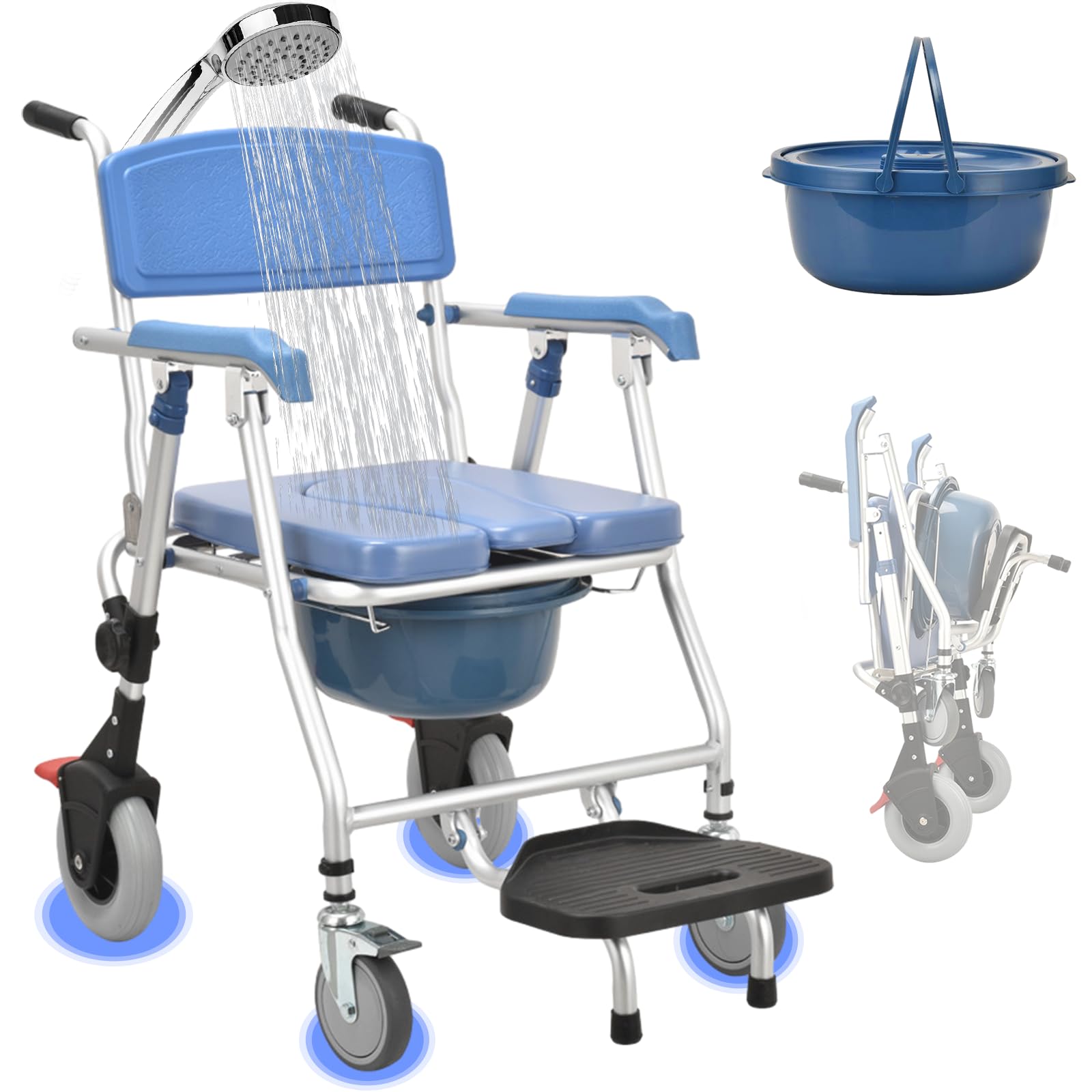 Sedia Comoda Pieghevole WC per Anziani con Rotelle, Sicura Sedia a Rotelle per Anziani con WC, Blu Sedia per Doccia Anziani Disabili Pieghevole con Morbido Cuscino
