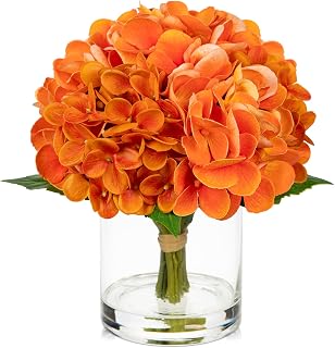 Hollyone Fall Hydrangea Artificial Flowers for Decoration Orange Hydrangea Artificial Flowers in Vase Latex Real Touch Fall Flower Arrangements Fake Hydrangeas with Faux Water Autumn Centerpiece Decor