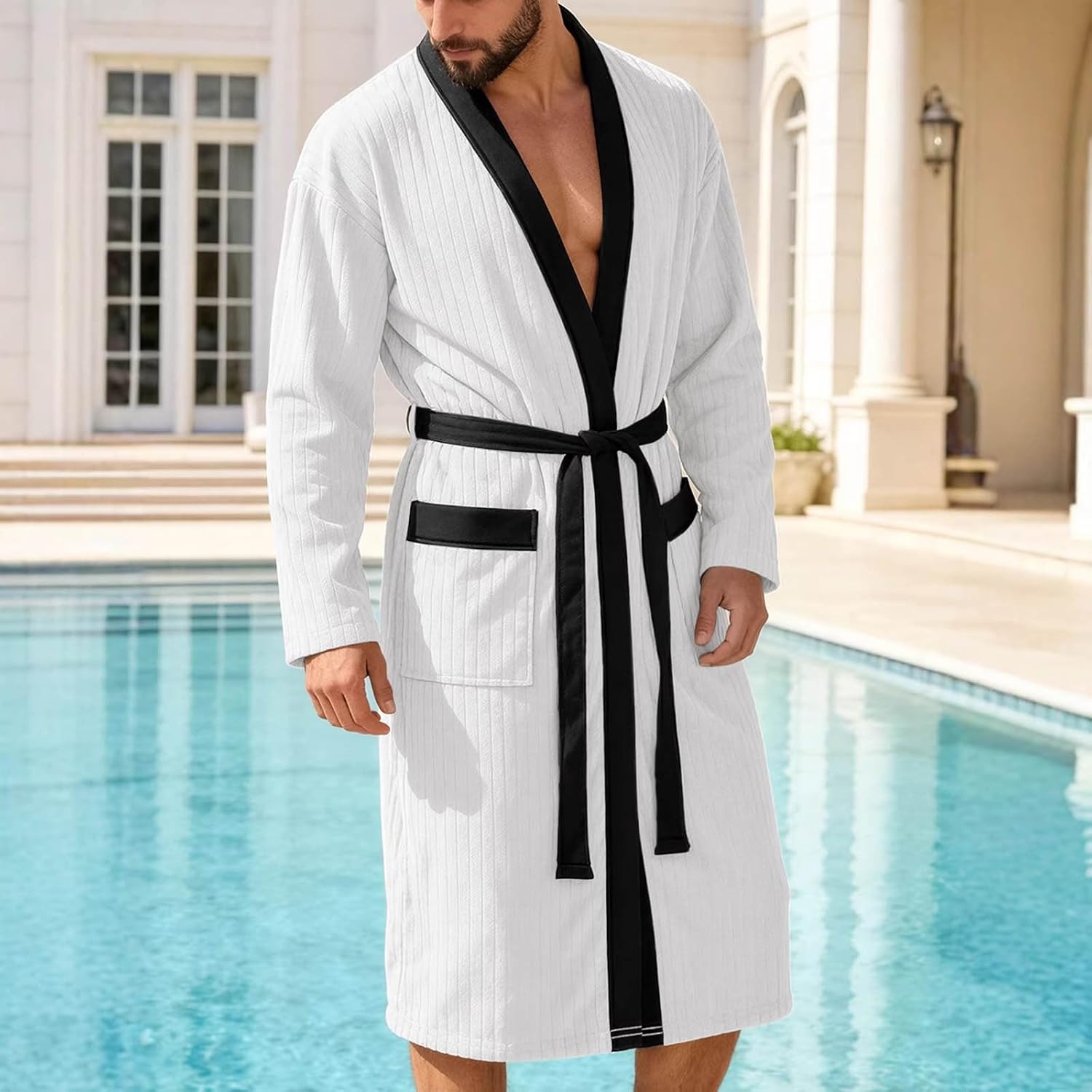Lmdudan Mens Robe for Home and Spa, Long Sleeve Housecoat with Waist Tie and Pockets, Lightweight Sleepwear Lounge Bathrobe