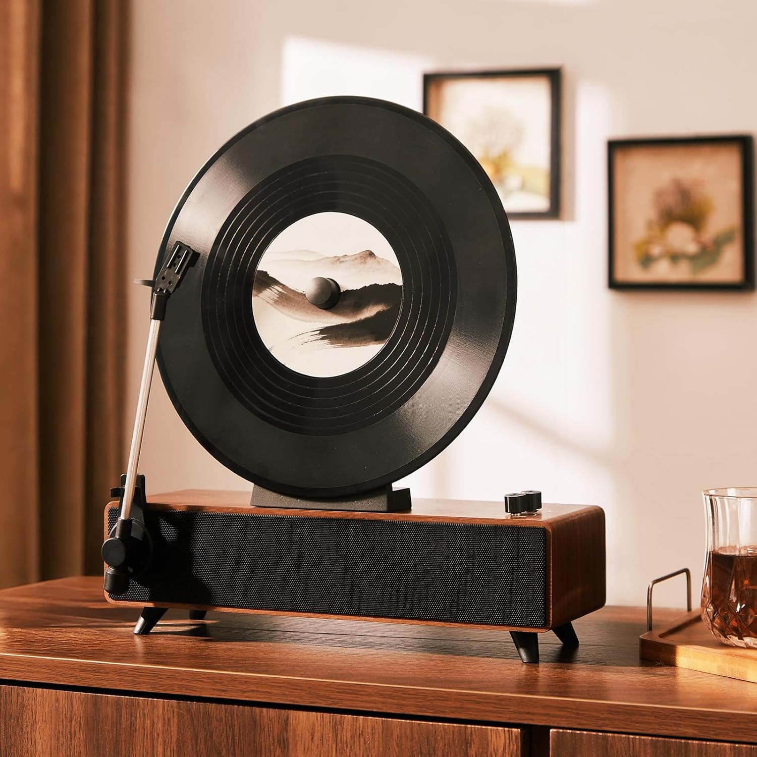 Retro Bluetooth Speaker with Vintage Vertical Record Design, Earthy Aesthetic Home Decor for Kitchen, Bedroom, Apartment, Desk & Shelf (Walnut)