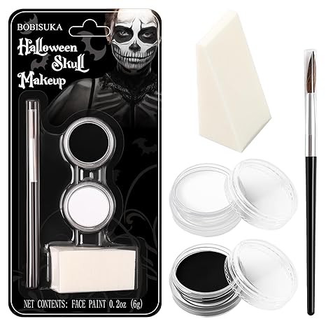 Black and White Face Paint Skeleton Makeup Kit Halloween Character Set for Kids Adults, Safe Non-Toxic Skull/Ghoul Face Painting Kit for Stage, Costume Parties, Dress Up Cosplay & Special FX Make-Up