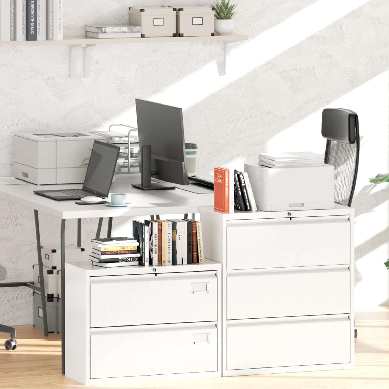 Greenvelly 2 Drawer File Cabinet, White Lateral File Cabinet with Lock, Filing Cabinet for Home Office, Lockable File Cabinets for Legal/Letter/A4/F4 Size with Hanging Files&Key