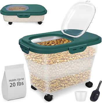 Airtight Dog Food Storage, Collapsible Pet Food Container 17-20 lb with Castors, Plastic Dog Food Bin with Pet Food Scoop & Measuring Cup for Dry Food Storagegreen