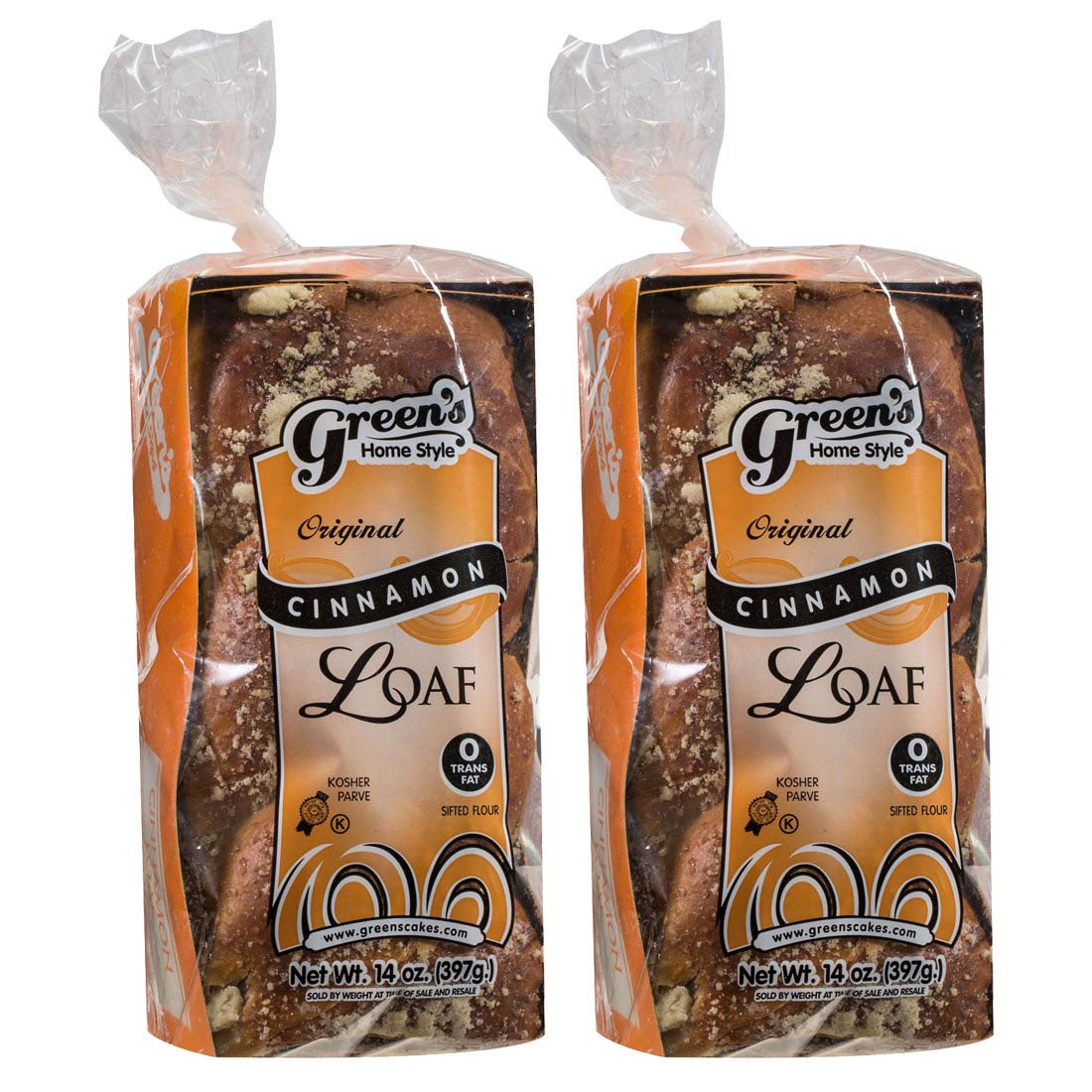 Green's Bakery Cinnamon Loaf Babka, 2 Pack 14 oz. Fresh and Delicious, OK Certified Kosher and Pareve Babka Bread, Dairy Free and Nut Free